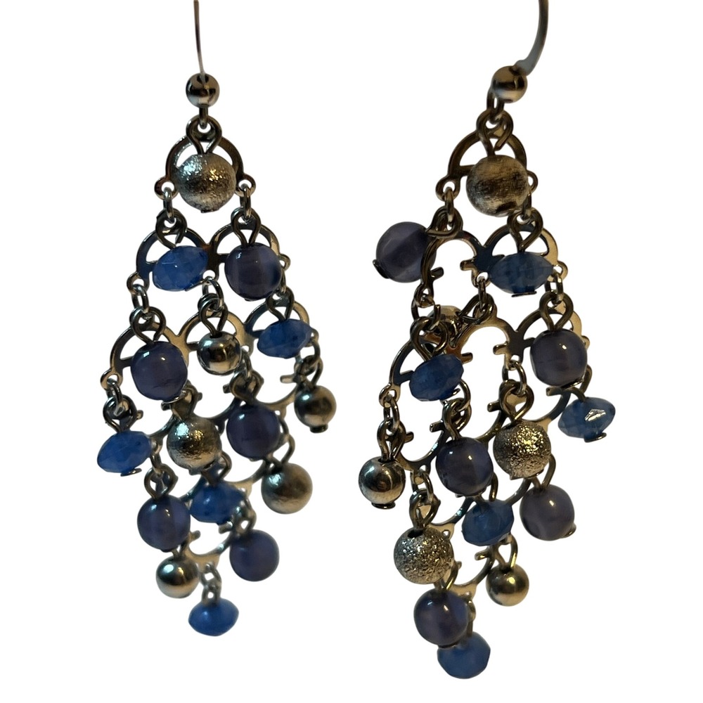 Kim Rogers Blue Beaded Chandelier Earrings Boho Silver Tone Sensitive Ears